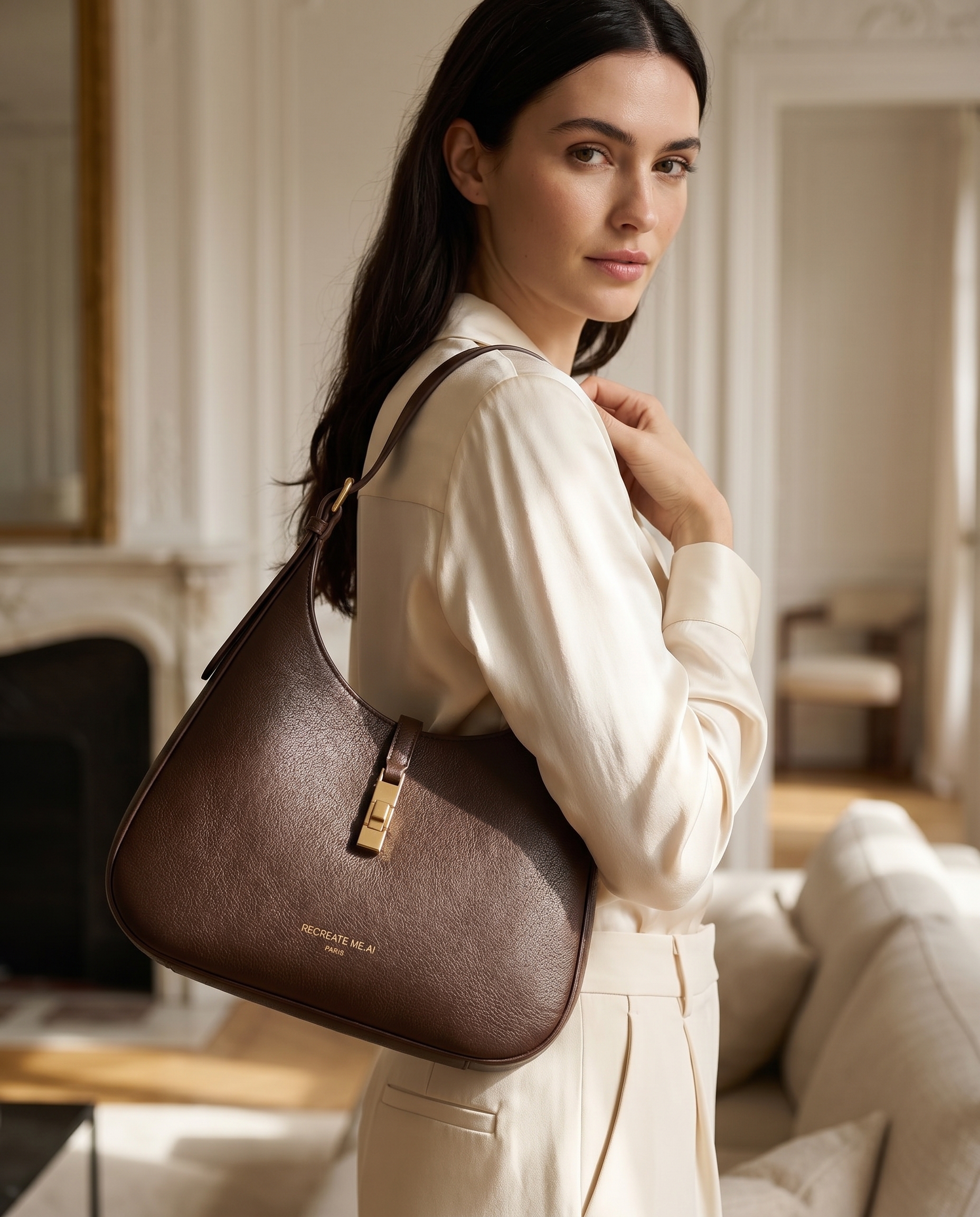 AI-generated: @recreateme-bag worn by dark haired, fair skinned female model. fashion photoshoot, texture clearly visible, medium close up. editorial.