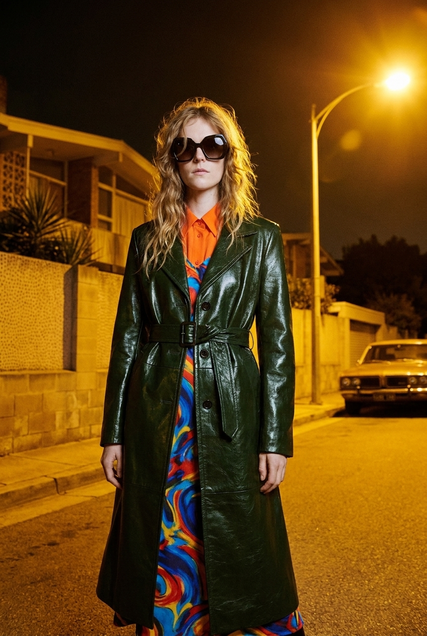 AI-generated: A young woman in a bright orange shirt and a bold-print dress, wearing oversized statement sunglasses and the forest green leather coat from