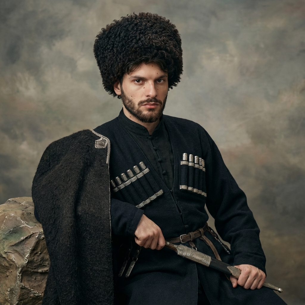 AI-generated: Create a picture of the person from the reference images in traditional Caucasian (Georgian) attire as in one of the attached pictures.