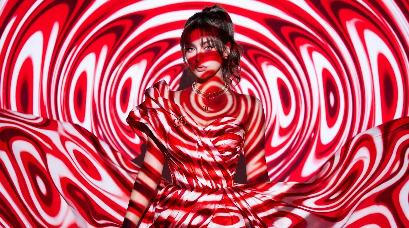 AI-generated: Abstract red and white pattern with radiating ovals, creating a dynamic and hypnotic visual effect. fluid