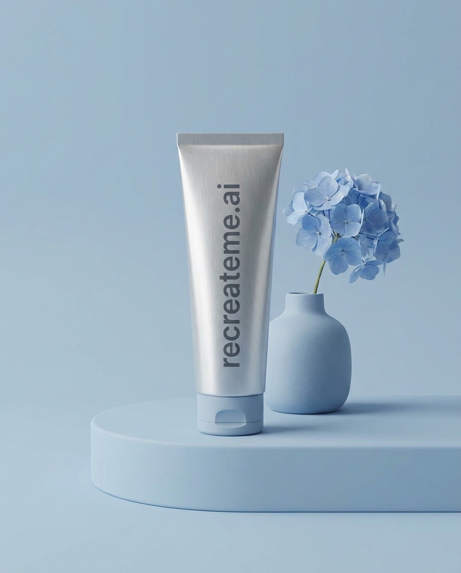 AI-generated: Studio shot of a thin metallic tube of skincare product called "recreateme.ai" in all lowercase. The product sits in a blue, pink, or green 
