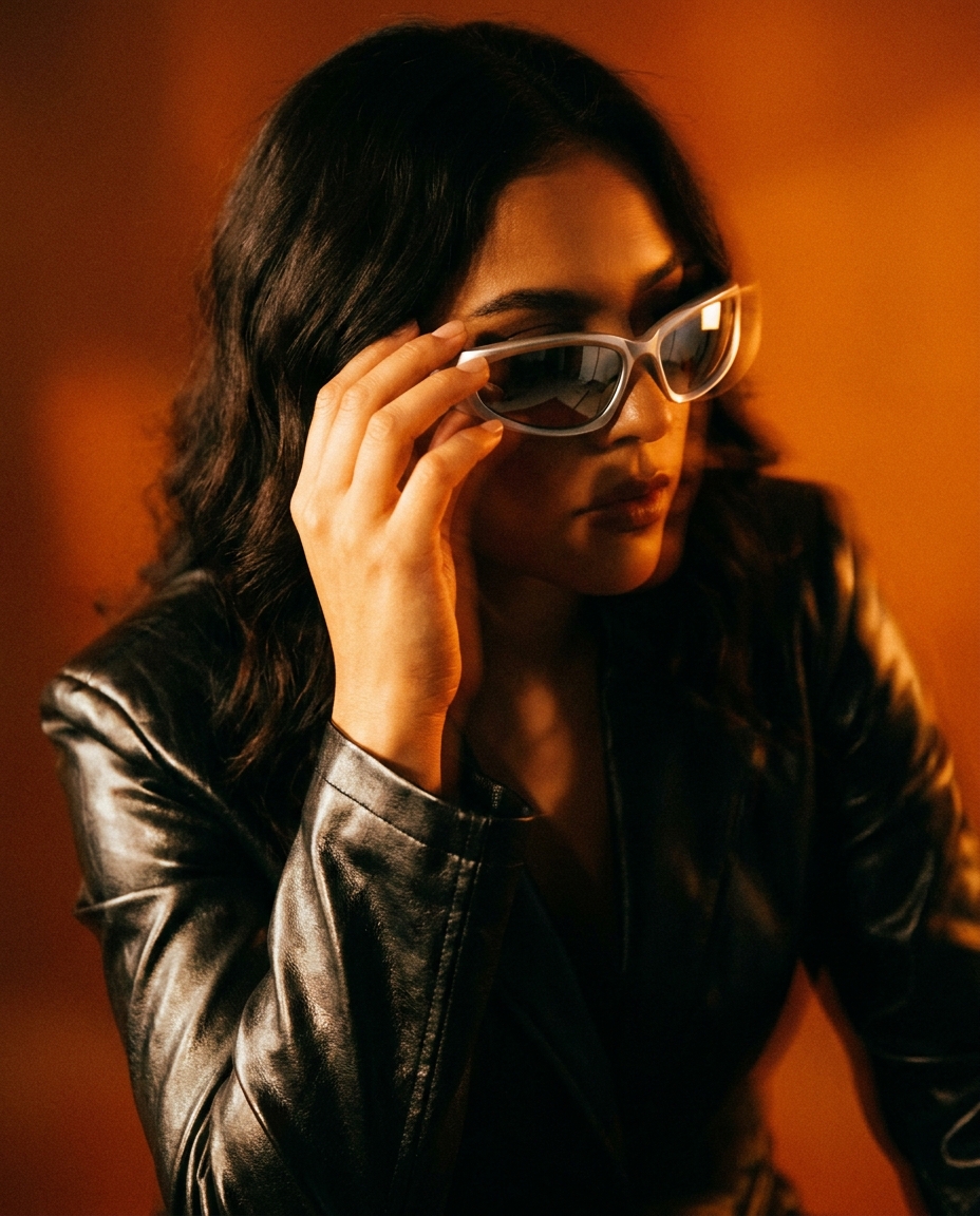 AI-generated: Stylish Latina model with dark wavy hair long hair. Close-up of hand adjusting sunglasses. Face partially out of frame. Warm orange backgrou