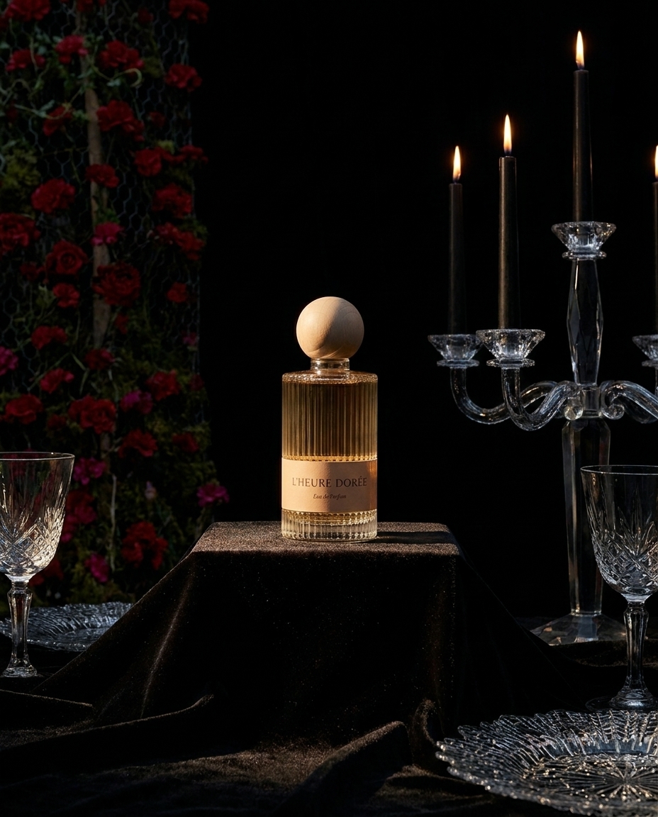 AI-generated: Noir luxury editorial still life. The subject @elixir dor  is staged on a plinth draped in black velvet, its folds catching only the faintes