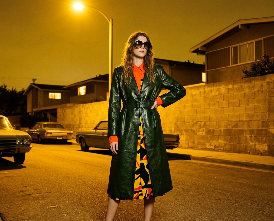 AI-generated: A young woman in a bright orange shirt and a bold-print dress, wearing oversized statement sunglasses and the forest green leather coat from