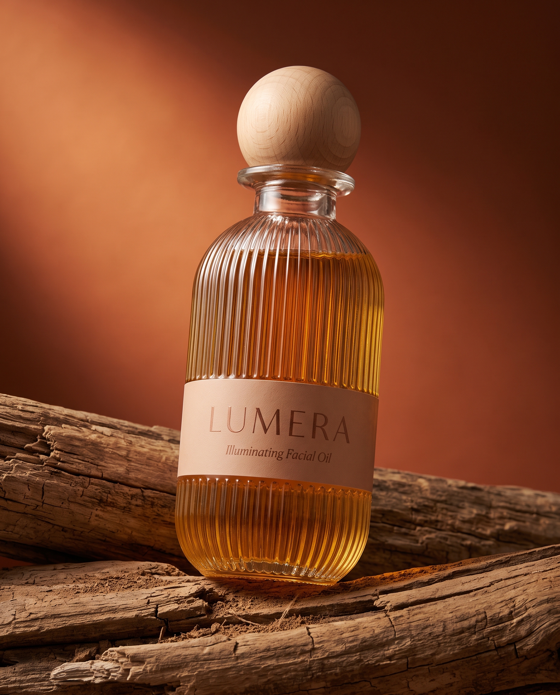 AI-generated: Vertical editorial product photograph of a premium skincare facial oil bottle. A tall footed apothecary-style glass bottle with fine vertica