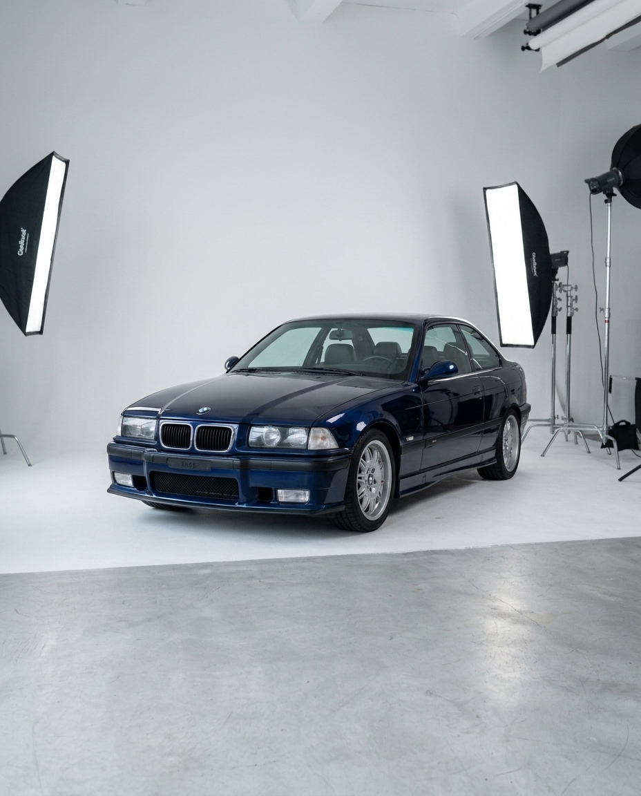 AI-generated: Using the studio setting from @studio city athletics hoodie, replace the subject with a 1996 BMW E36.