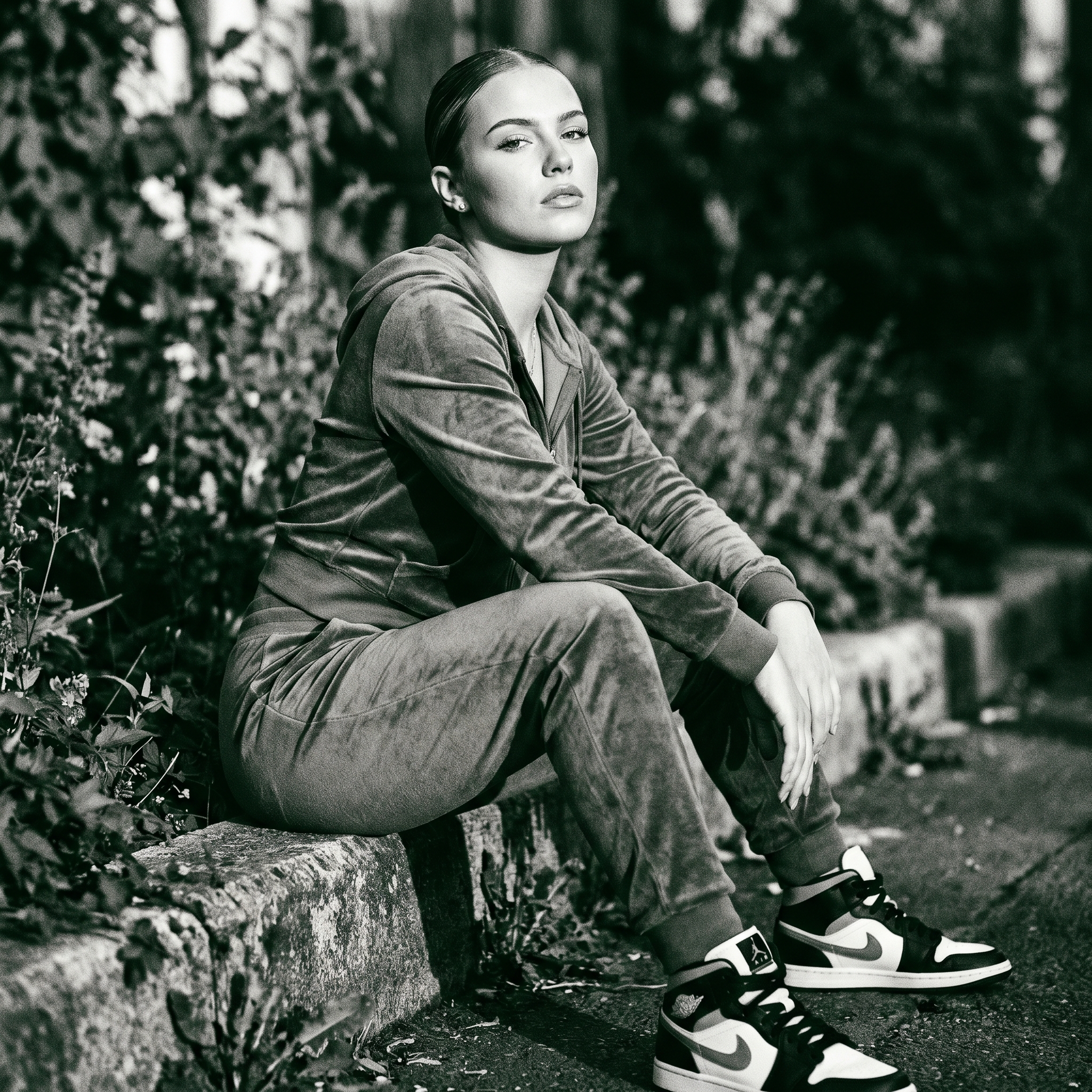 AI-generated: Young woman in forest green velour tracksuit seated on concrete curb, confident direct gaze, sleek pulled-back hair, black and white high-to