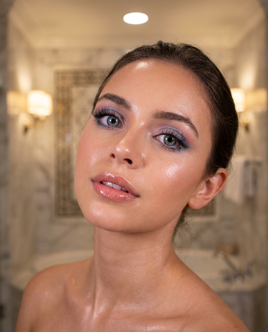 AI-generated: Photorealistic / Luxury Portrait Canon EOS 20D 50mm Prime Lens Close-up (40-50 cm) Slight Top 5° Face prominent Blurred (Bokeh effect on tub