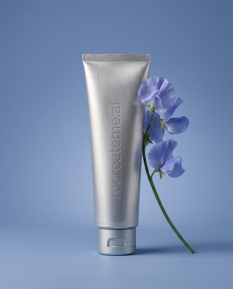 AI-generated Flower: A minimalist studio product photograph on a completely empty, seamless dusty cornflower-blue backdrop — a single continuous surfac