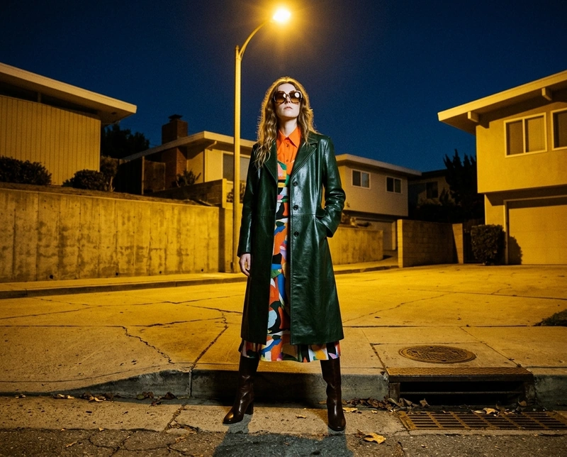 AI-generated: A young woman in a bright orange shirt and a bold-print dress, wearing oversized statement sunglasses and the forest green leather coat from