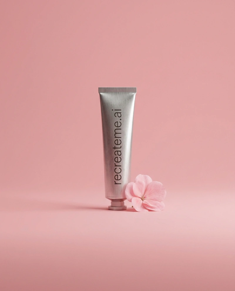 AI-generated Metallic: Studio shot of a thin metallic tube of skincare product called "recreateme.ai" in all lowercase. The product sits in a blue, pink,