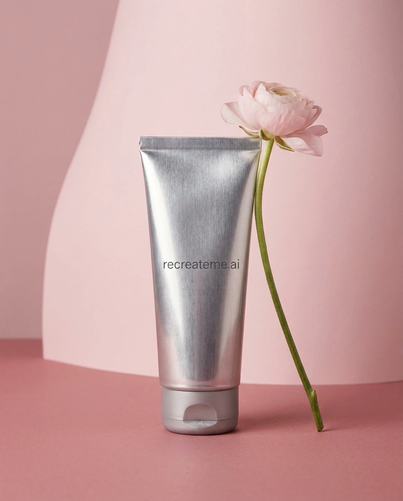 AI-generated Metallic: Studio shot of a thin metallic tube of skincare product called "recreateme.ai" in all lowercase. The product sits in a blue, pink,