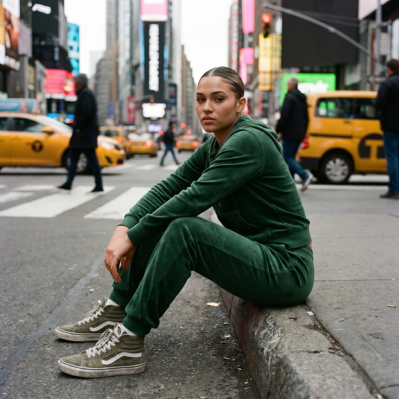 AI-generated: Young woman in forest green velour tracksuit seated on concrete curb in NY city, confident direct gaze, sleek pulled-back hair, high-top sne