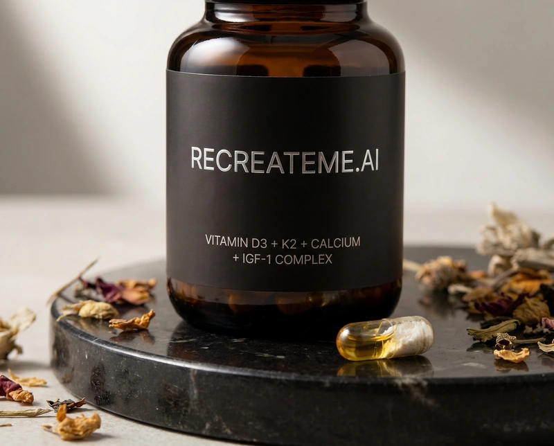 AI-generated Healthmaxxing: make a recreateme.ai branded supplement that contains vitamin d3, vitamin k2, calcium and igf-1 in a singular capsule. premium pla