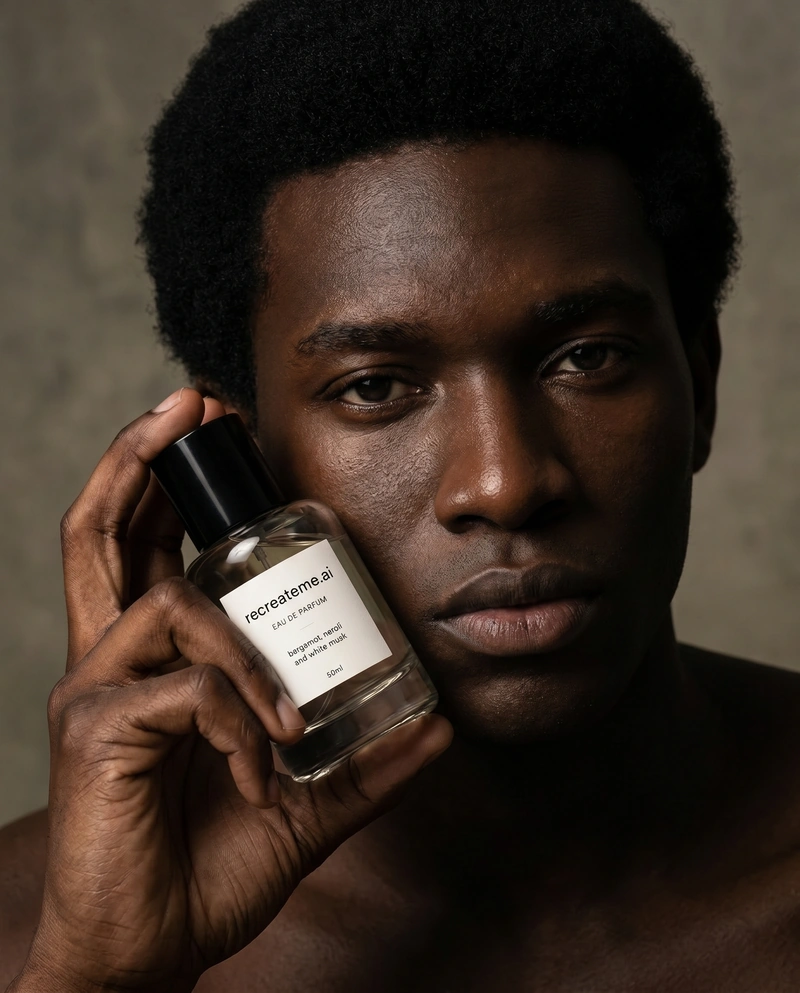 AI-generated Editorial: @recreateme-perfume held by an African male model near face. editorial, fashion and fragrance photoshoot.