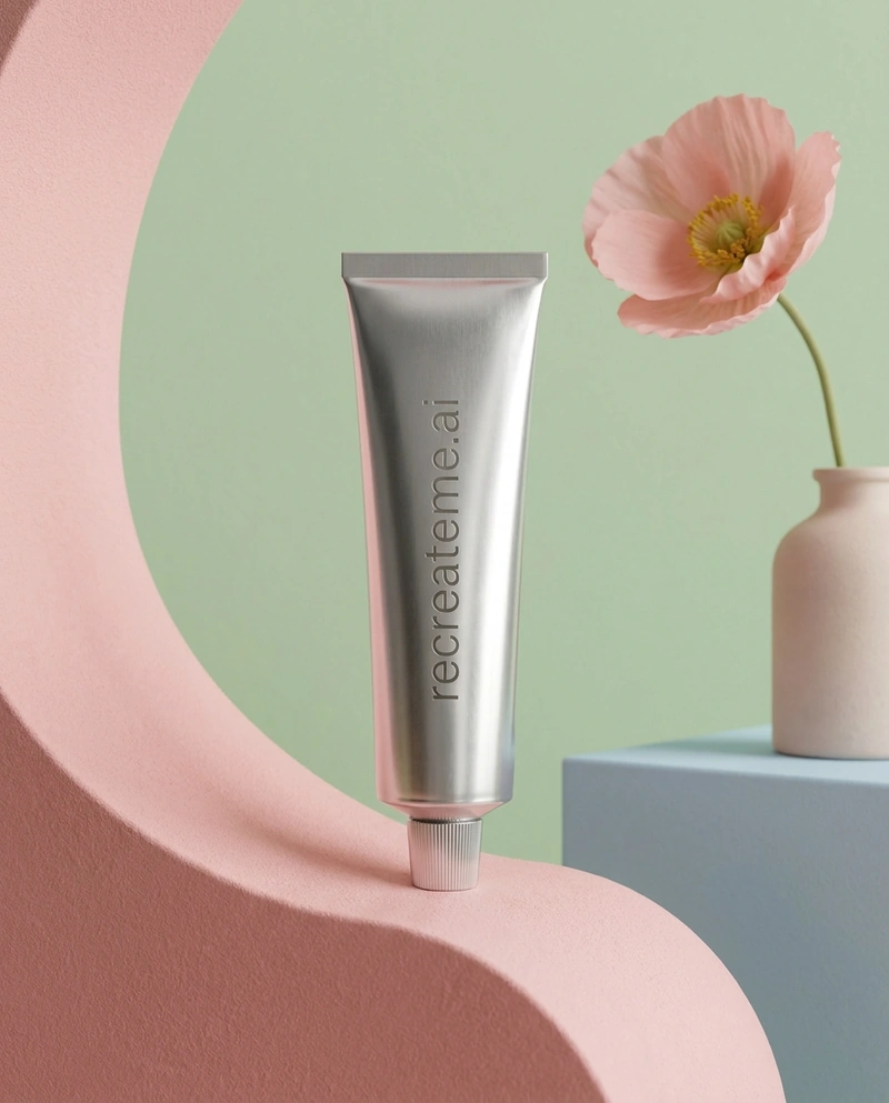 AI-generated Metallic: Studio shot of a thin metallic tube of skincare product called "recreateme.ai" in all lowercase. The product sits in a blue, pink,