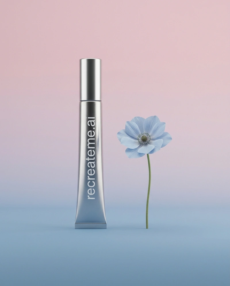 AI-generated: Studio shot of a thin metallic tube of skincare product called "recreateme.ai" in all lowercase. The product sits in a blue, pink, or green 
