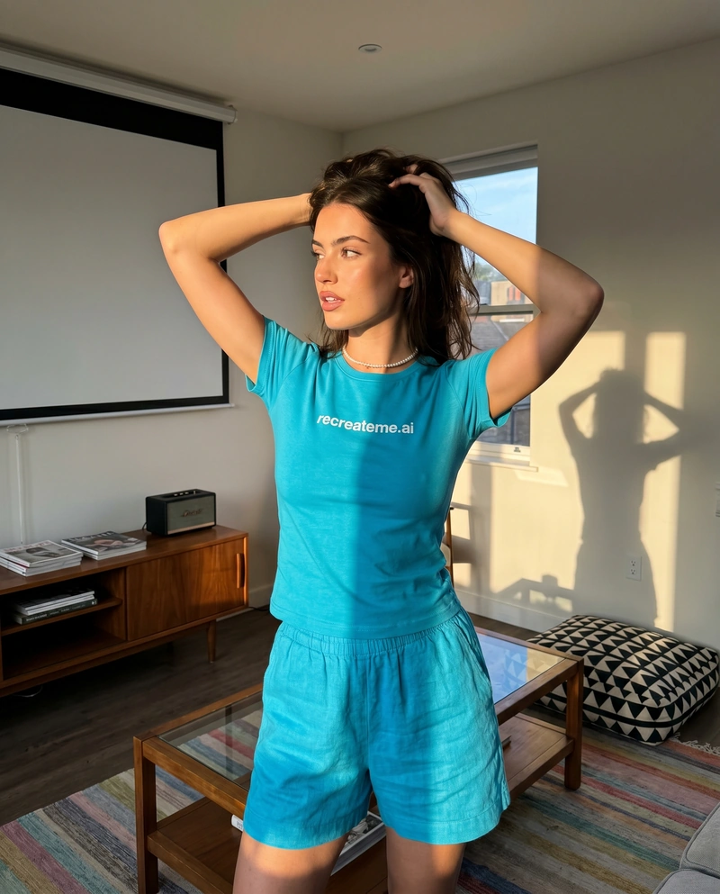 AI-generated Turquoise: Beautiful 21-year-old woman with a petite, slim, delicately toned physique and pronounced curves stands centered in frame. She has