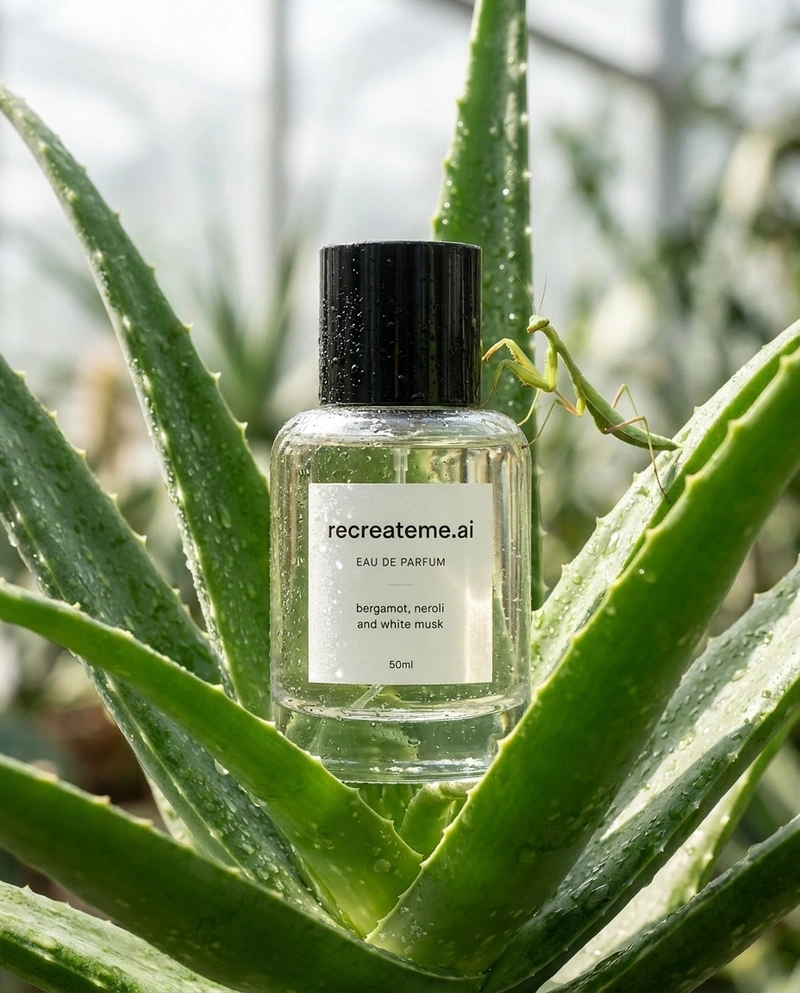 AI-generated Aloevera: @recreateme-perfume , standing upright among the aloe vera leaves. fresh scent vibe. dew drops. keep the reference image of the re