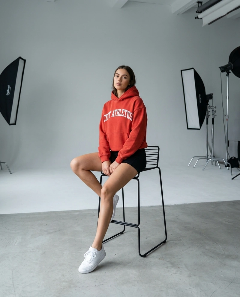 AI-generated: A beautiful 22-year-old female model wearing the @baba hoodie and short, tight black polyester running shorts, sitting on a high chair. Stud