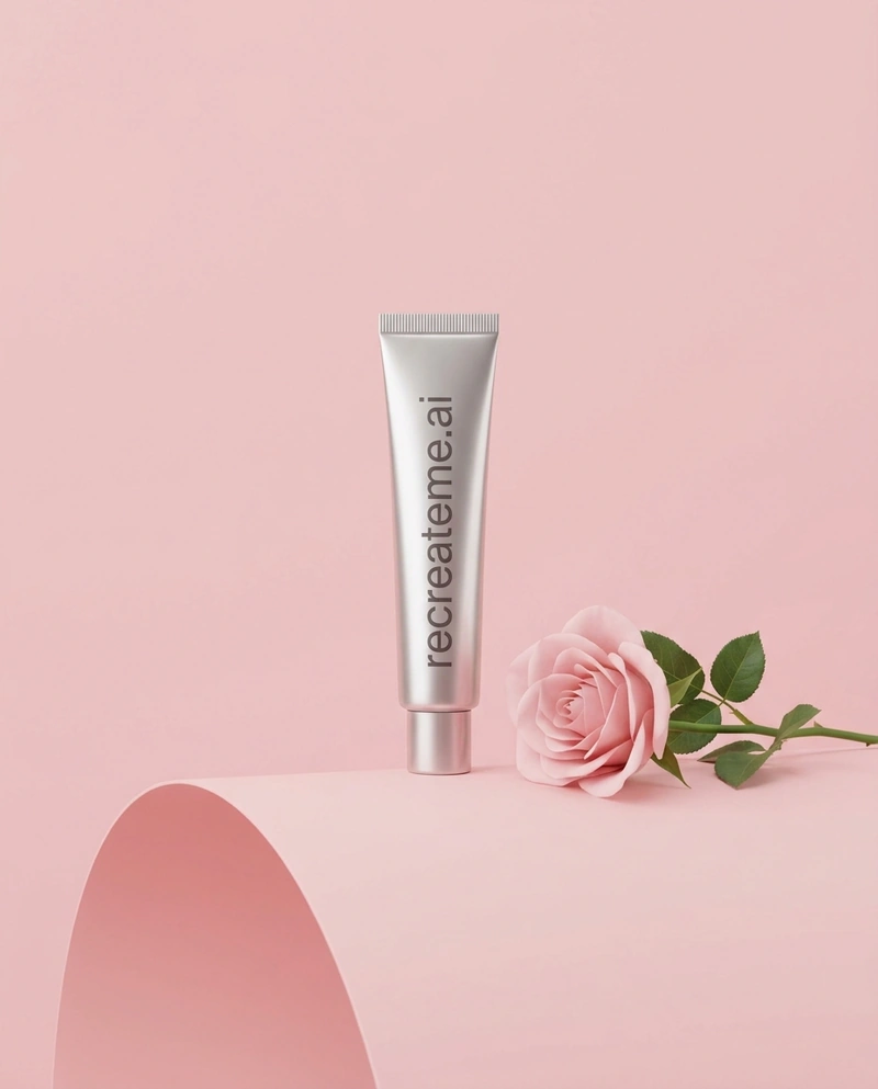 AI-generated Metallic: Studio shot of a thin metallic tube of skincare product called "recreateme.ai" in all lowercase. The product sits in a blue, pink,