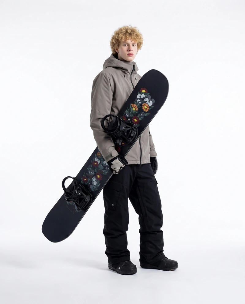 AI-generated: Studio photograph of a young white man holding the snowboard from the reference images, standing elegantly on a seamless white floor against