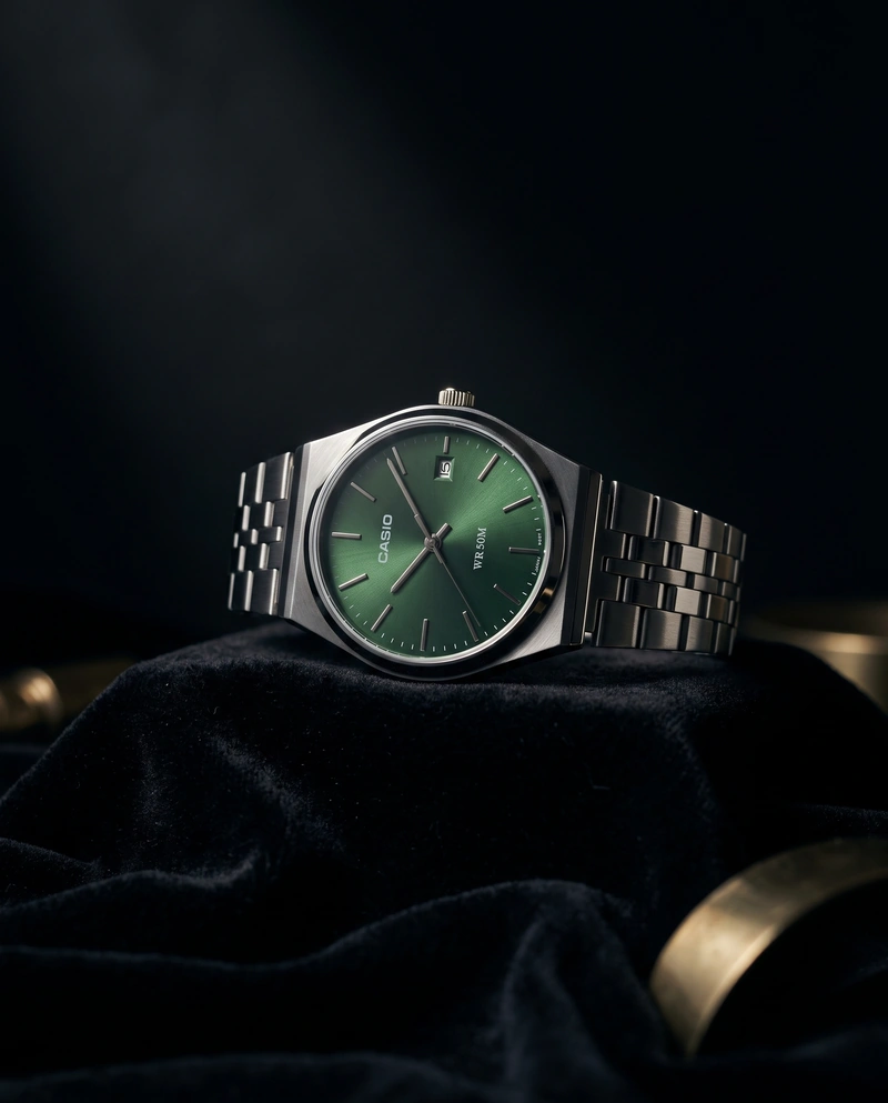 AI-generated: Noir luxury editorial still life. The subject is staged on a plinth draped in black velvet, its folds catching only the faintest sheen. A ne