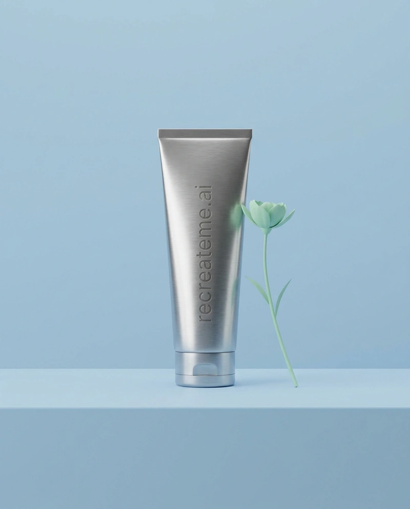 AI-generated Metallic: studio shot of a metallic tube of skincare product called 'recreateme.ai' in all lowercase. the product sits in a blue, pink or gr