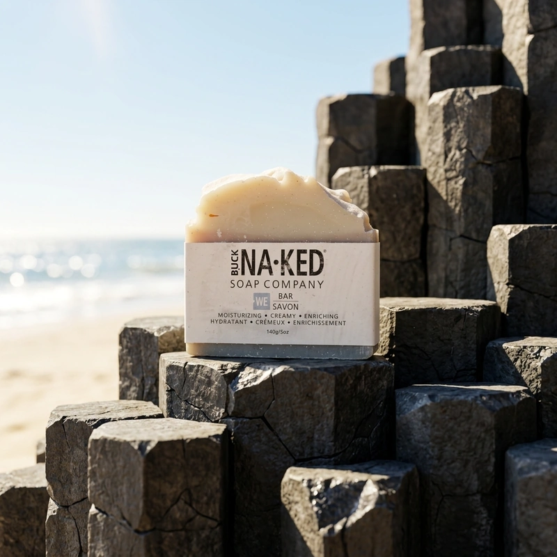 AI-generated: put the @naked soap  on a basalt ledge. low angle. luxury, editorial. sunny beach vibes