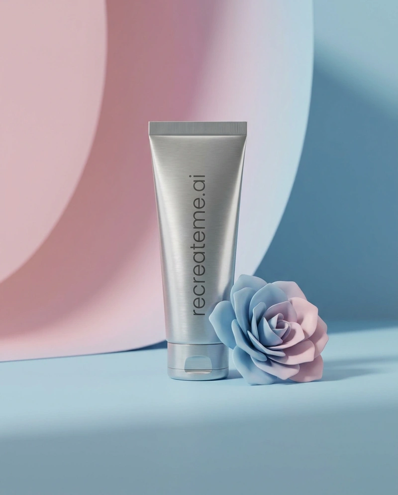 AI-generated: Studio shot of a thin metallic tube of skincare product called "recreateme.ai" in all lowercase. The product sits in a blue, pink, or green 