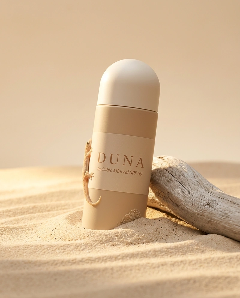 AI-generated: Vertical editorial product photograph of a premium mineral sunscreen for the fictional sun-care brand "DUNA". A sleek minimalist cylindrical