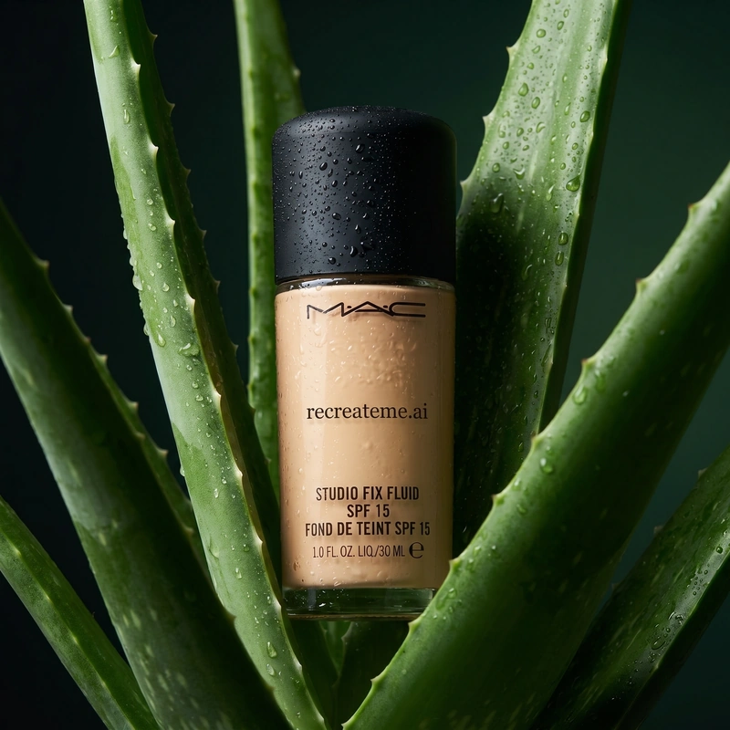 AI-generated: put the @mac studio fix fluid between the aloe vera leaves. editorial. high-end commercial photography. rename to "recreateme.ai" in lowerca