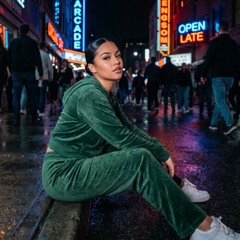 AI-generated: Young woman in forest green velour tracksuit seated on concrete curb, confident direct gaze, sleek pulled-back hair, high-top sneakers. nigh