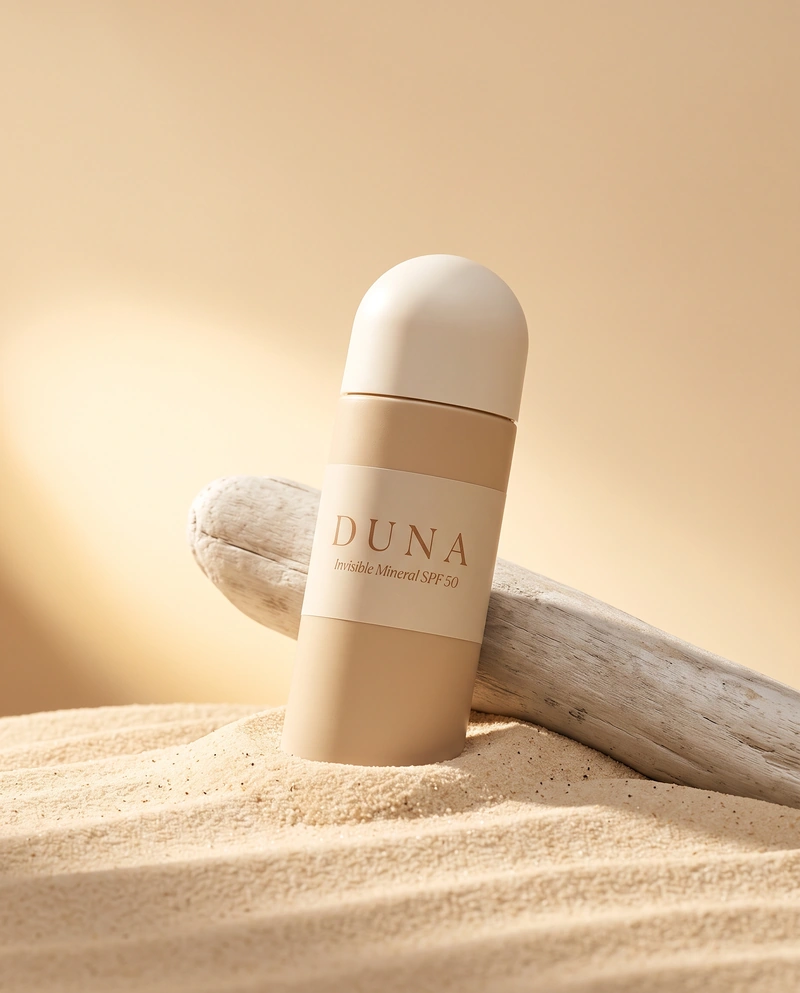 AI-generated: Vertical editorial product photograph of a premium mineral sunscreen for the fictional sun-care brand "DUNA". A sleek minimalist cylindrical