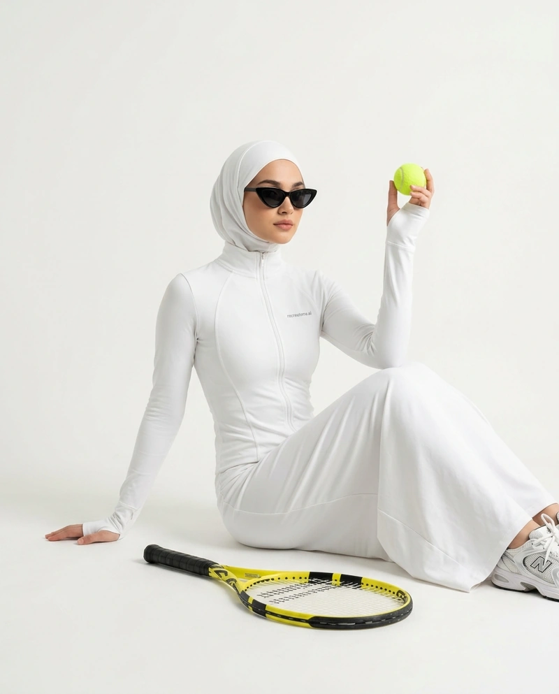 AI-generated: Square studio fashion photograph of a young woman in modest athletic wear, seated elegantly on a seamless white floor against a matching whi