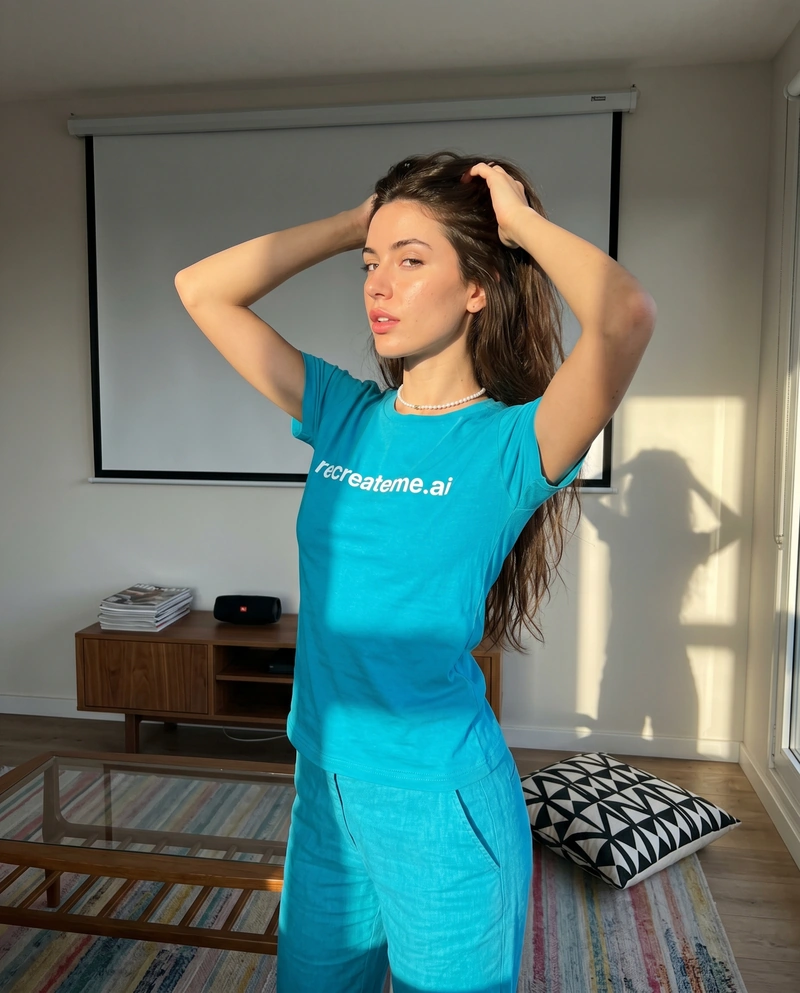 AI-generated Turquoise: Beautiful 21-year-old woman with a petite, slim, delicately toned physique and pronounced curves stands centered in frame. She has