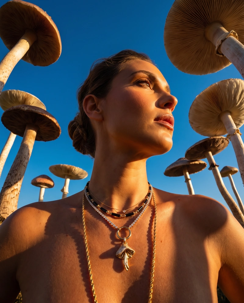 AI-generated: A woman with her hair styled up, adorned with mushroom necklace (from the reference images, keep exactly as is with respect to the dimension