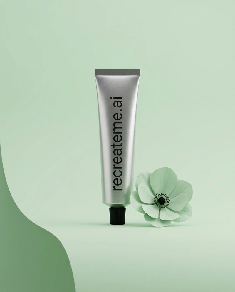 AI-generated: Studio shot of a thin metallic tube of skincare product called "recreateme.ai" in all lowercase. The product sits in a blue, pink, or green 