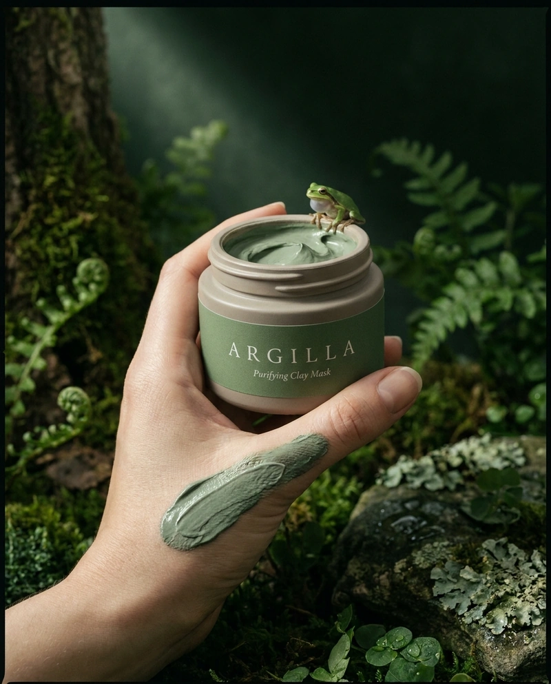 AI-generated: Vertical editorial product photograph of a premium green clay face mask for the fictional botanical skincare brand "ARGILLA". An elegant han