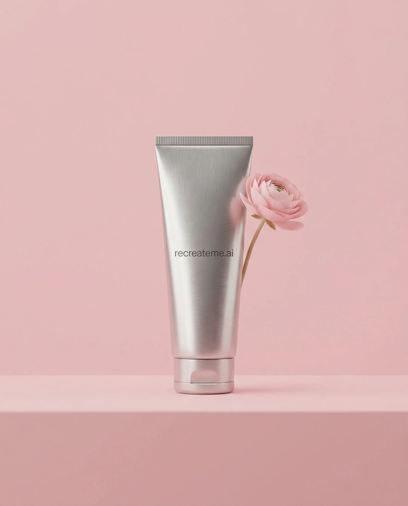 AI-generated Metallic: studio shot of a metallic tube of skincare product called 'recreateme.ai' in all lowercase. the product sits in a blue, pink or gr
