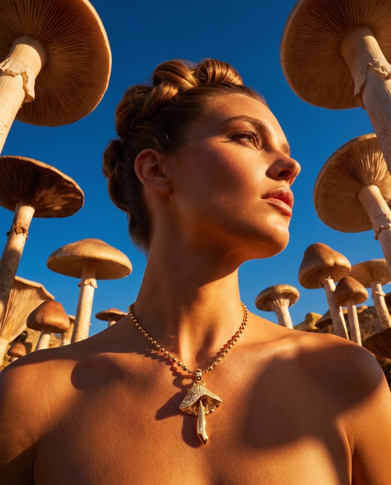 AI-generated: A woman with her hair styled up, adorned with mushroom necklace (from the reference images, keep as is with respect to the dimensions), capt