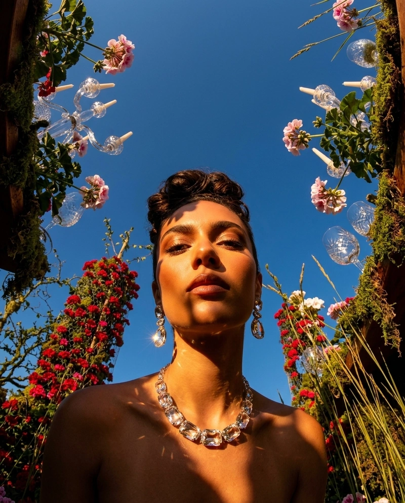 AI-generated: A woman with her hair styled up, adorned with earrings and a necklace, captured from an extreme low-angle, worm's-eye perspective looking di