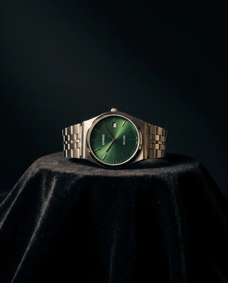 AI-generated: Noir luxury editorial still life. The subject is staged on a plinth draped in black velvet, its folds catching only the faintest sheen. A ne