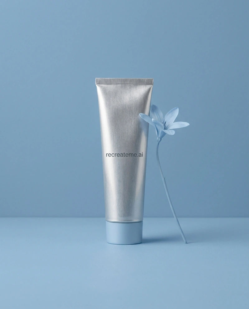 AI-generated: studio shot of a metallic tube of skincare product called 'recreateme.ai' in all lowercase. the product sits in a blue, pink or green pastel