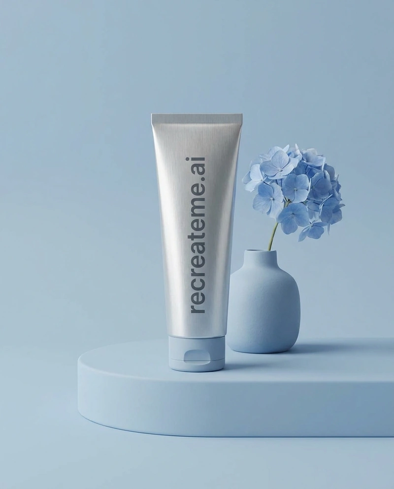 AI-generated Metallic: Studio shot of a thin metallic tube of skincare product called "recreateme.ai" in all lowercase. The product sits in a blue, pink,