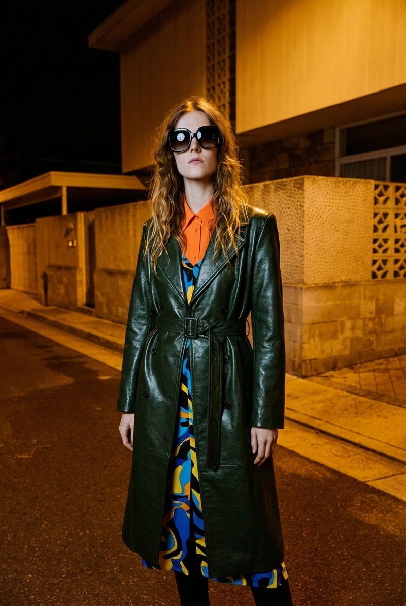 AI-generated: A young woman in a bright orange shirt and a bold-print dress, wearing oversized statement sunglasses and the forest green leather coat from